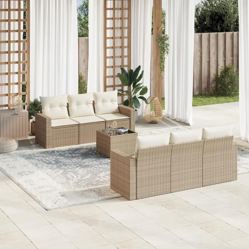 vidaXL Patio Sofa Set with Cushions Outdoor Furniture 7 Piece Poly Rattan - 21.7 x 21.7 x 14.6 - Beige and cream