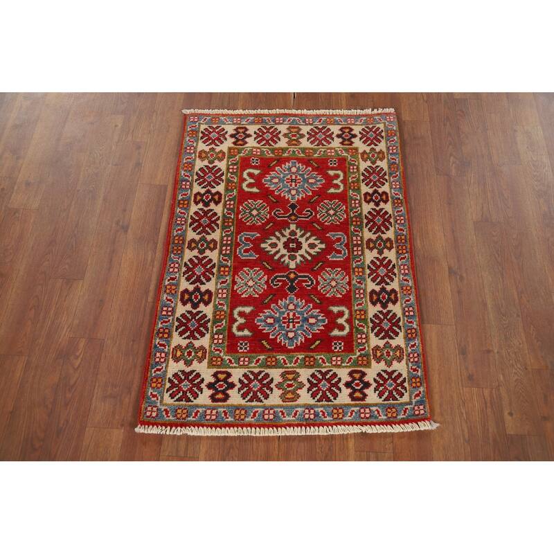 Hand Knotted Oriental 100% Wool Carpet Traditional Geometric Red Kazak Area Rug - 3' 0'' X 2' 1''