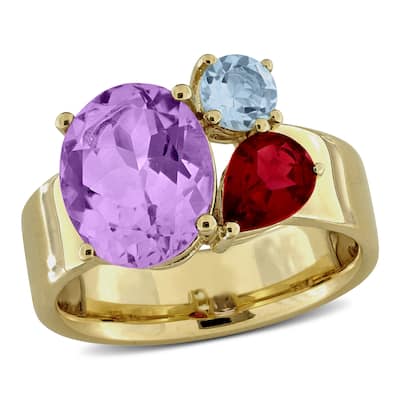 Miadora 4 2/5ct TGW Pink Amethyst Garnet Sky Blue topaz 3-Stone Ring in Yellow Plated Sterling Silver