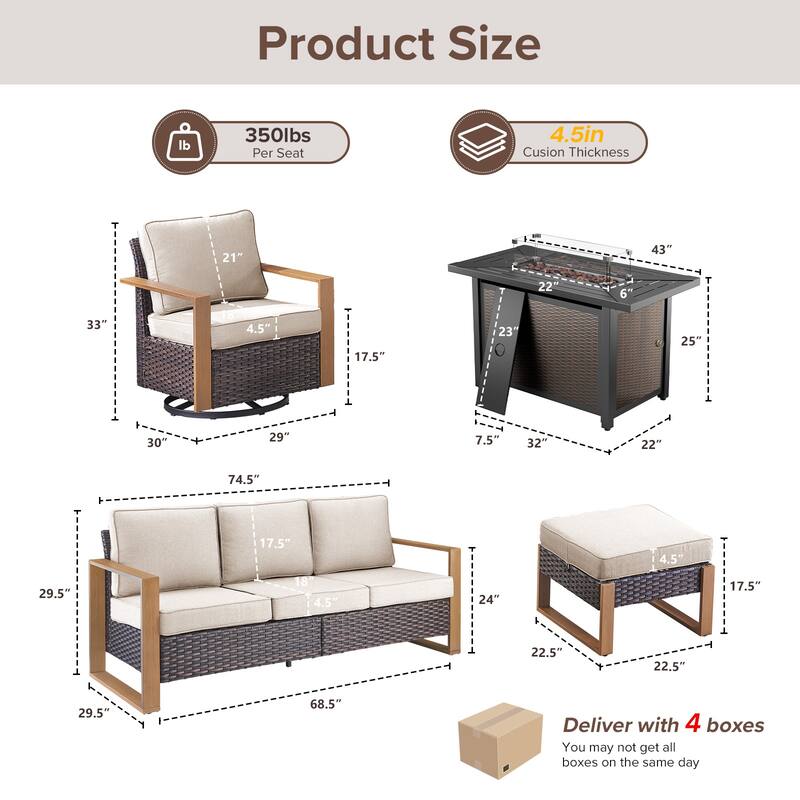 Meyreso Wicker Outdoor Patio Metal Fire Pit Set with Swivel Gliders & 4.5" Olefin Cushions