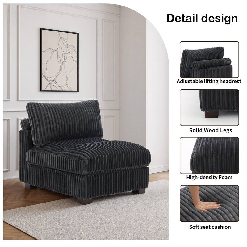 33" W Plush Corduroy Armless Chair Sectional Module with Pillows