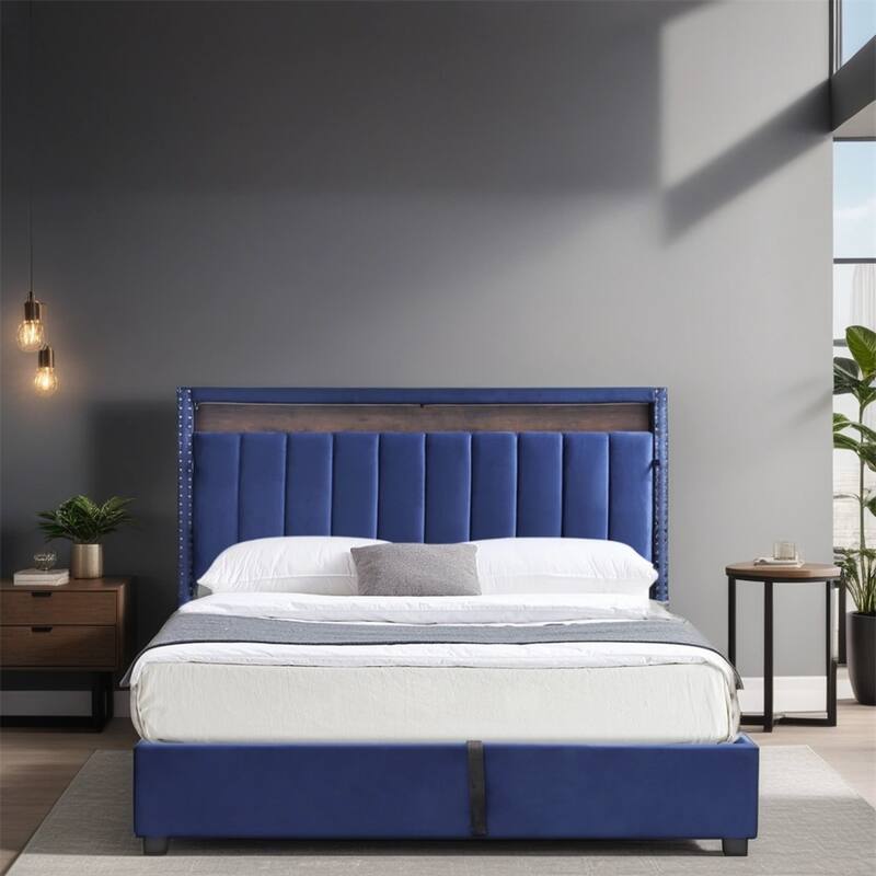 Full Size Velvet Platform Bed with LED Lights and Storage Headboard - Blue