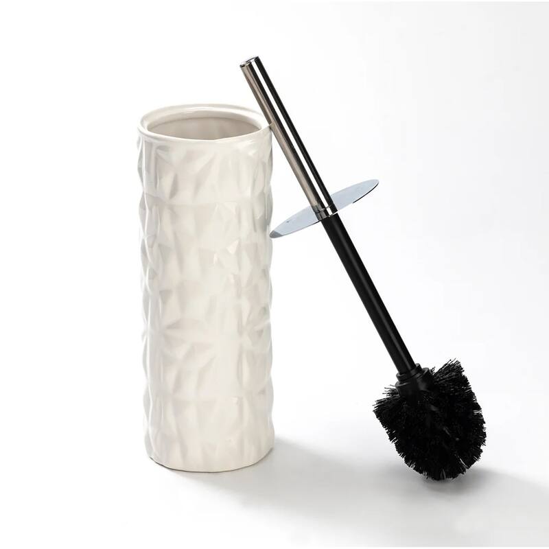 15" Tall Embossed Textured Beige Cream Ceramic Toilet Brush Set with Holder