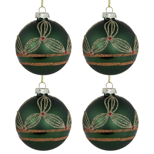 4ct Green and Gold Holly Berry Christmas Glass Ball Ornaments 3