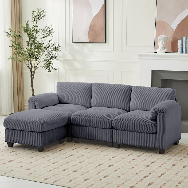 Corduroy Sectional Sofa with a Removable Ottoman, L-shaped Reversible 4-seat Modular Couch