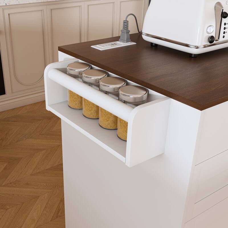 75" Kitchen Island with Extendable Table & Power Outlet - Rolling Storage Cart with Marble Top & Cabinet for Dining Room