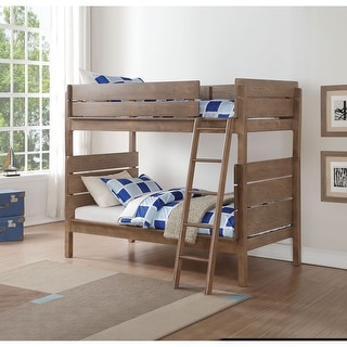 Oak Twin over Twin Size Solid Wood Bunk Bed with Fence and Ladder
