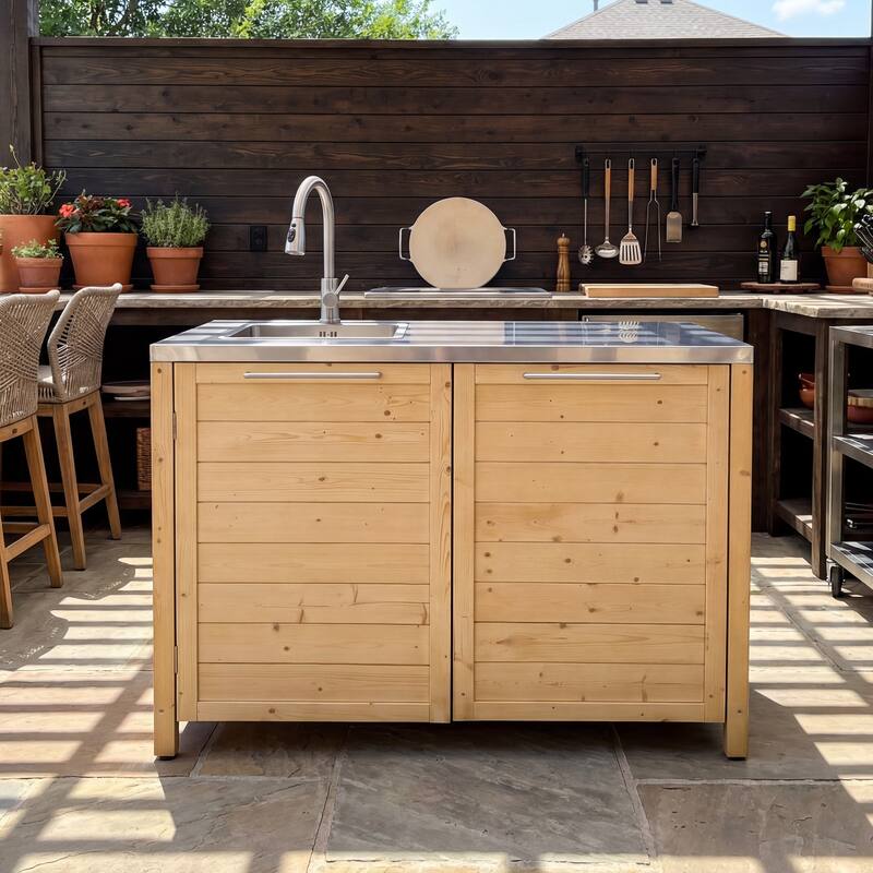 Modular Outdoor Kitchen Island Set, 100% Solid Wood BBQ Cabinet , Patio Kitchen Bar Table - 51.2"w/sink(Wood)