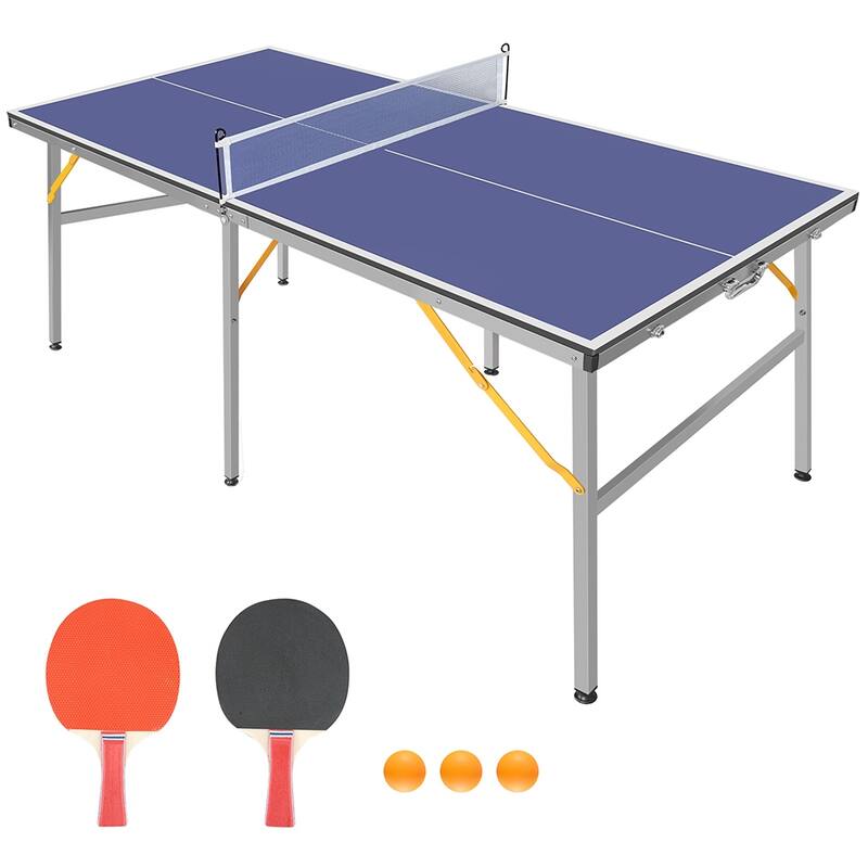 Mid-Size Table Tennis Table, Foldable & Portable Ping Pong Table Set with Net, 2 Table Tennis Paddles and 3 Balls - 6FT