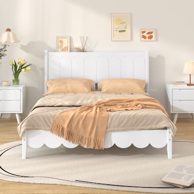 Pine Wood Platform Bed with Rectangular Headboard