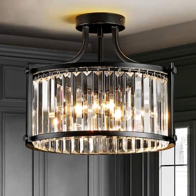 4-Light Modern Matte Black Drum Crystal Semi-Flush Mount Light - 14.76 in. W x 11.81 in. H