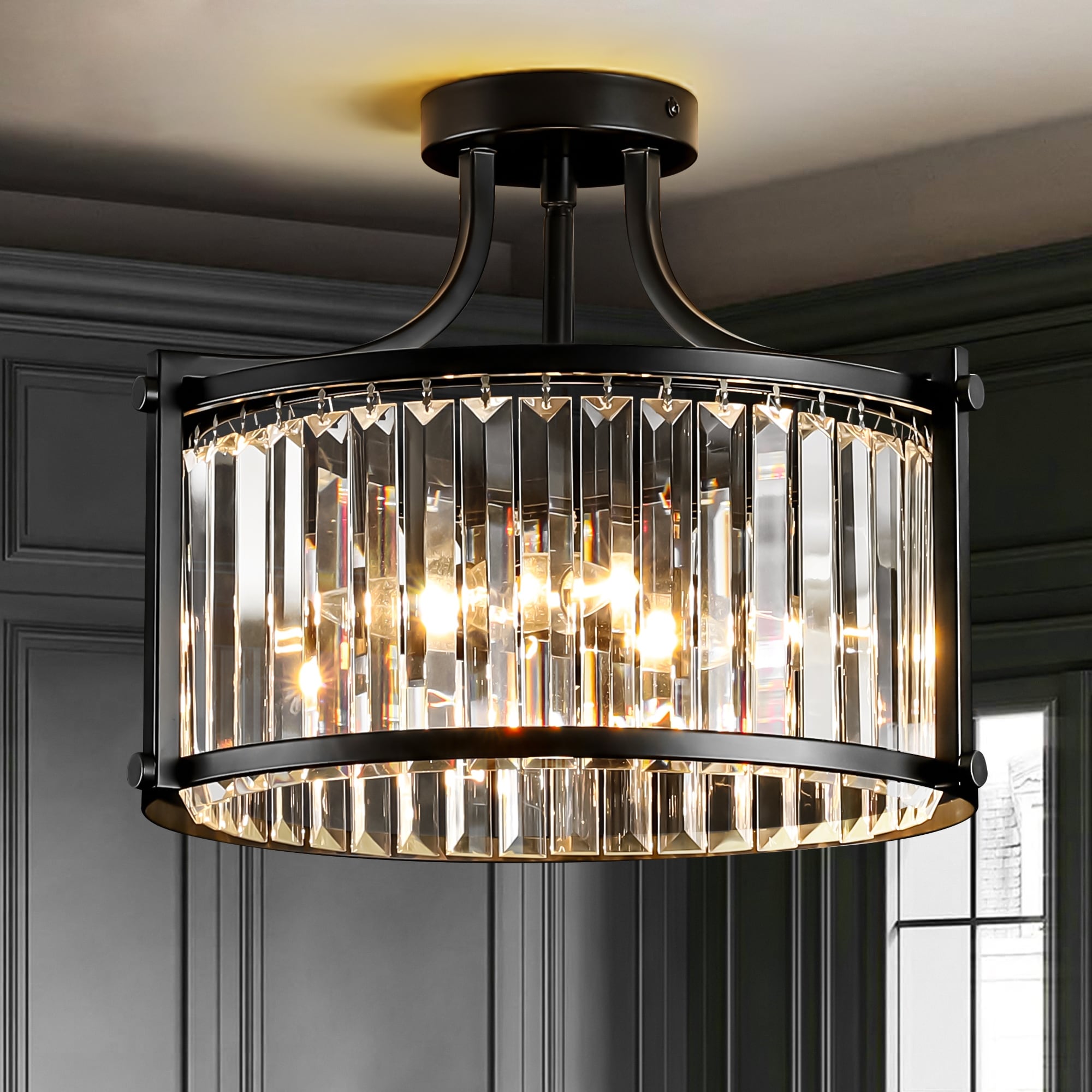 Rennnsan 4-Light Modern Matte Black Drum Crystal Semi-Flush Mount Light - 14.76 in. W x 11.81 in. H