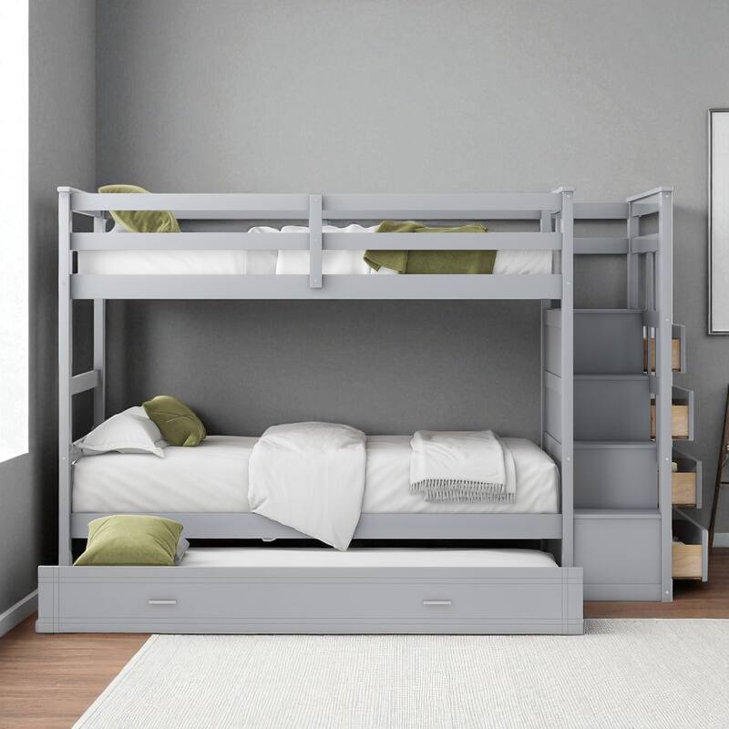 Twin Over Twin Bunk Bed with Trundle and Storage Drawers, Staircase Bunk Frame for Kids and Teens