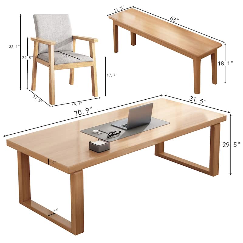 3 Piece Dining Table Set, Includes 1 Table, Upholstered Chair & Bench, Natural Wood
