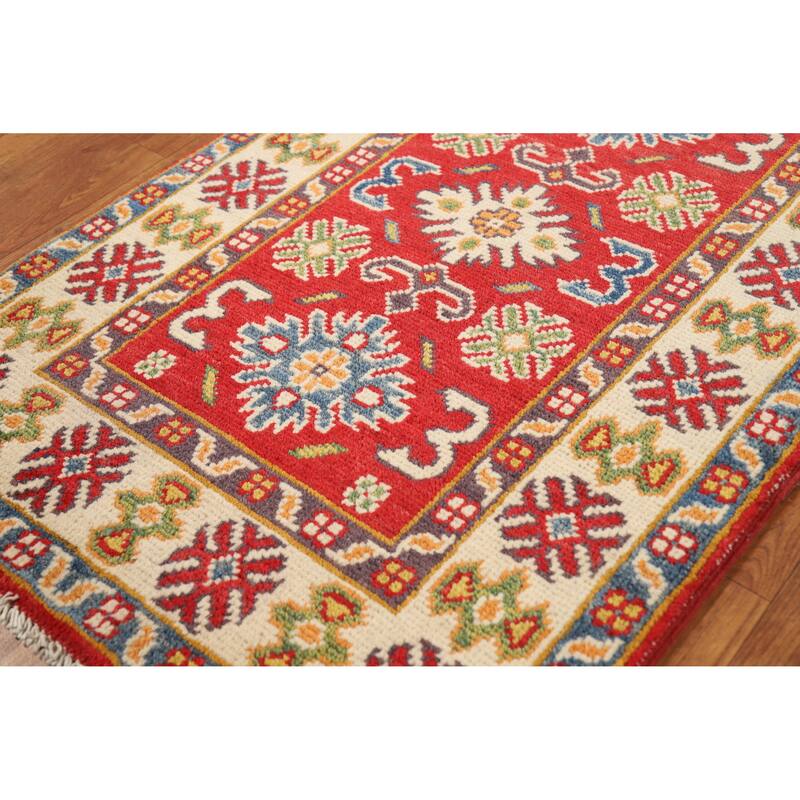 Hand Knotted Oriental 100% Wool Carpet Traditional Geometric Red Kazak Area Rug - 3' 0'' X 2' 0''