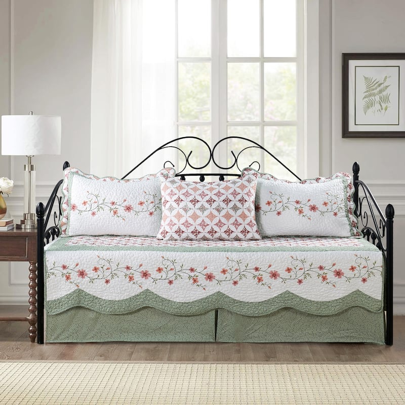 5 Piece Embroidered Daybed Cover Set with Bedskirt - Luna - Twin