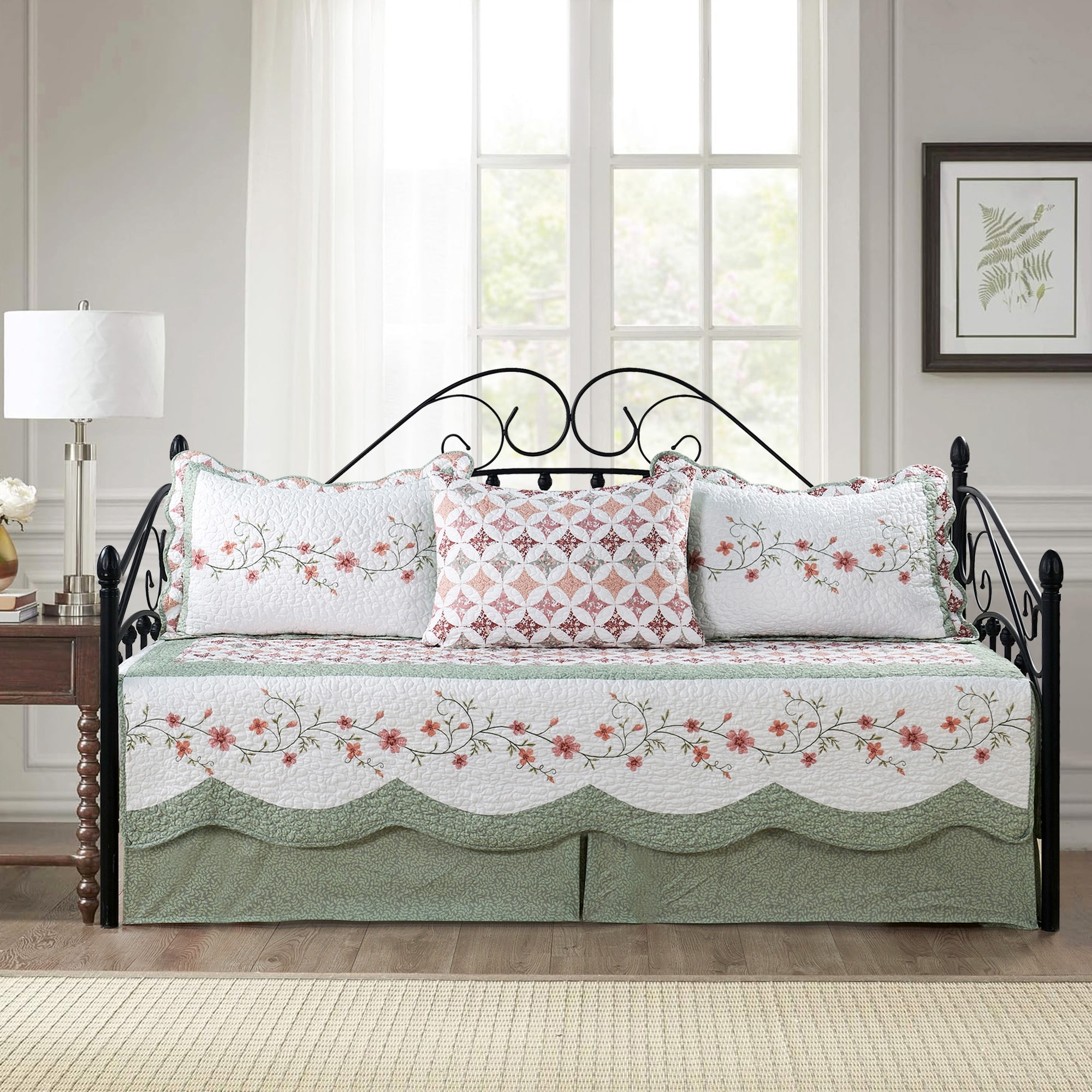5 Piece Embroidered Daybed Cover Set with Bedskirt