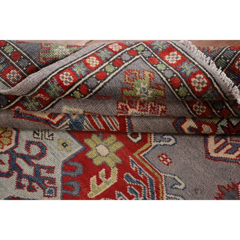 Gray Geometric Kazak Area Rug Living Room Handmade Wool Carpet - 5'7" x 7'3"