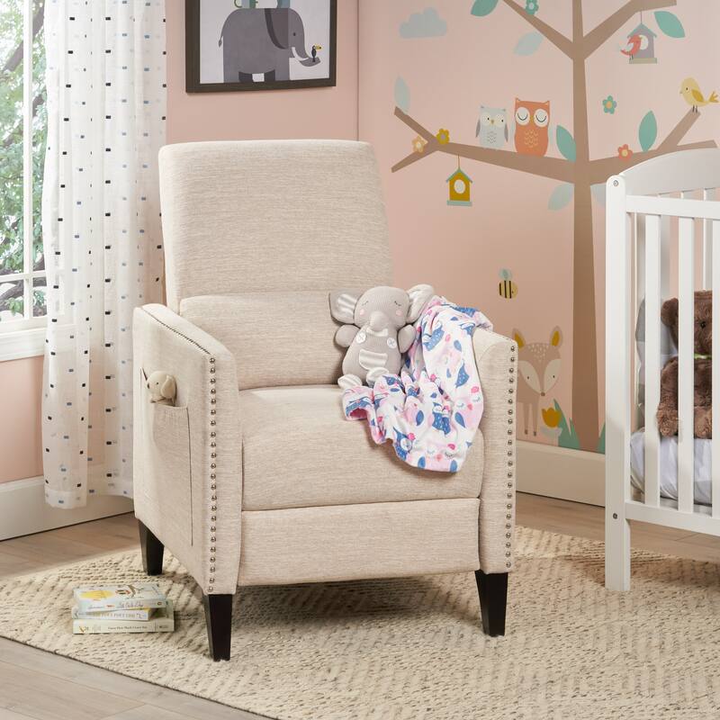 Beige Modern Fabric Push-Back Recliner with Footrest, Nailhead Accents, Birch Wood Legs