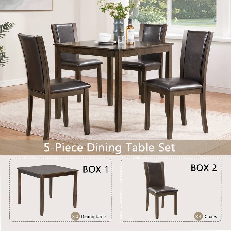 5-Piece Dining Table Set with Curved Backrests, Wooden Kitchen Table Set for 4 People for Dining Room