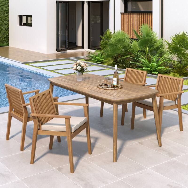 5-Piece Acacia Wood Outdoor Dining Set - 70.75" Table & 4 Chairs with Removable Cushions for Patio Garden - Brown