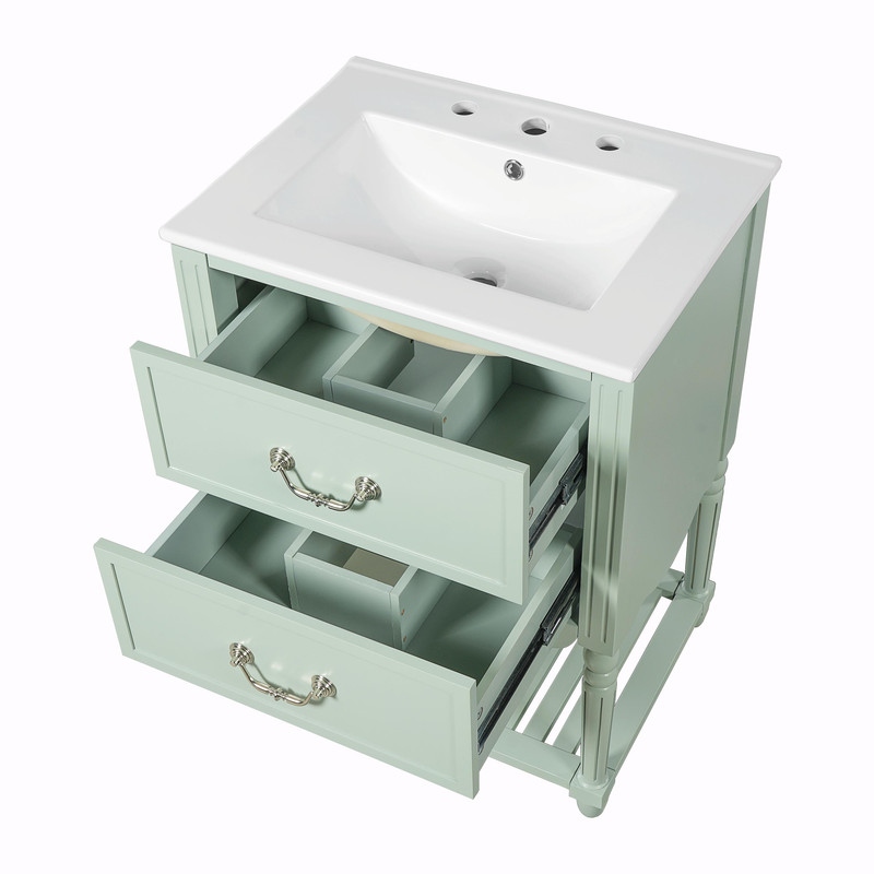 24'' Vintage Bathroom Vanity with Ceramic Sink, Freestanding Cabinet with 2 Drawers, Open Shelf
