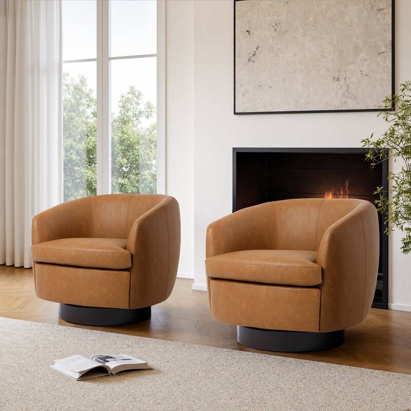 PU Upholstered Swivel Barrel Accent Chair With Wood Base (Set of 2)