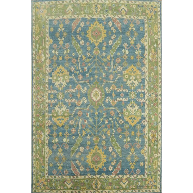 Vegetable Dye Blue Oushak Turkish Area Rug, Floral Geometric Carpet - 11' 9'' X 9' 5''