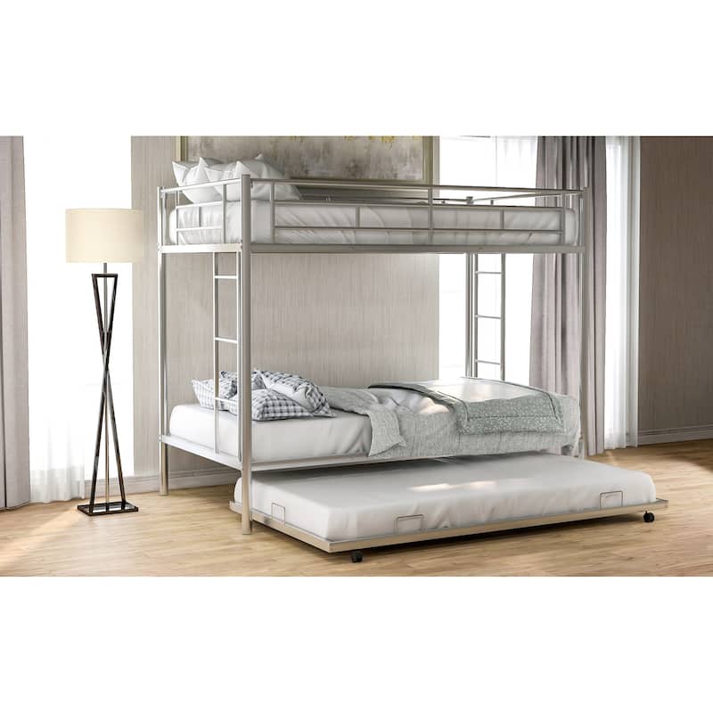 Silver Twin over Twin Size Metal Bunk Bed with Trundle, Ladder and Fence for Bedroom