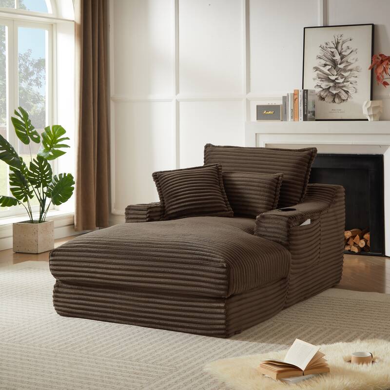 47.24" Chaise Lounge Sofa Chair, Modern Corduroy Sleeper Couch with Pillows, Single Recliner with Cup Holders and Side Pockets - Brown