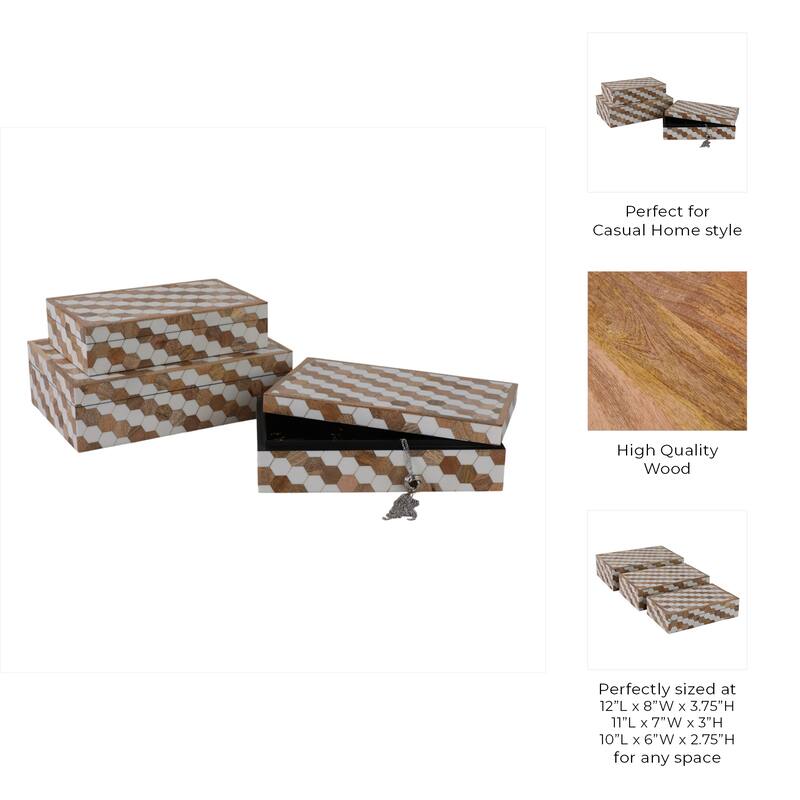 Wood Storage Boxes Geometric Inlay Modern Accent Decor (Set of 3) - 12" x 8" x 3.75"