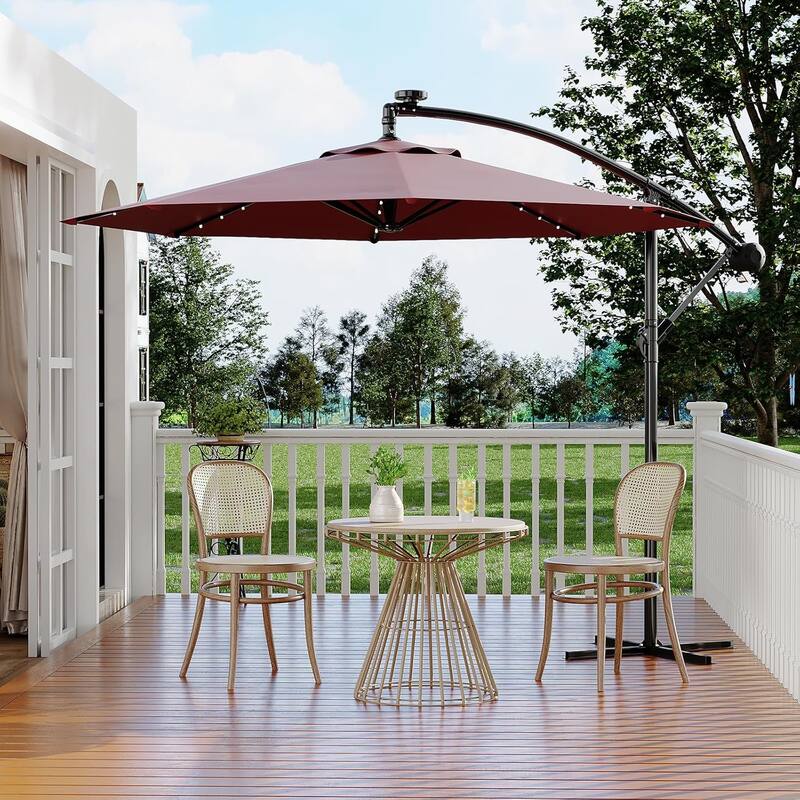 10ft Solar Lights Offset Patio Umbrella, Cantilever Umbrella with Easy Lift & Tilt Adjustment, 8 Ribs Sun Umbrella UV - Red