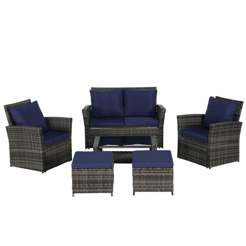 6 PCS Wicker Patio Furniture Sets with Ottoman & Tempered Glass Table - N/A