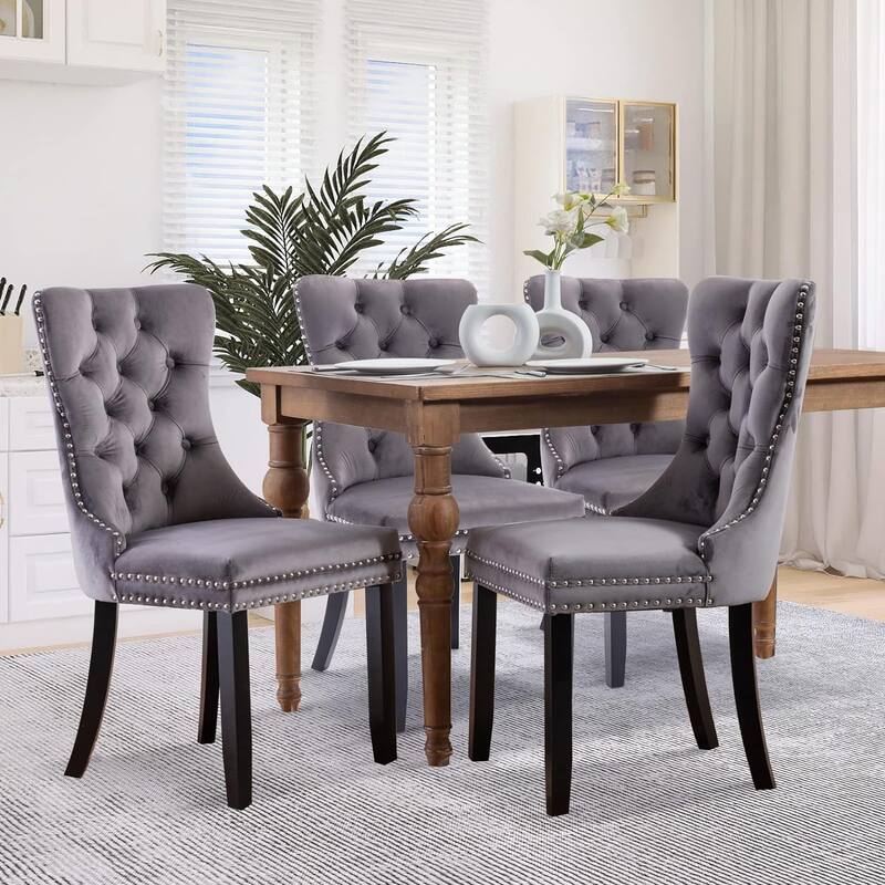 Velvet Dining Chairs Set of 2, Tufted Dining Chairs with Nailhead Back and Ring Pull Trim - 25.5×19.7×37.4inch