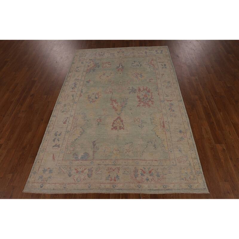 Light Green Oushak Vegetable Dye Turkish Area Rug Handmade Wool Carpet - 5'2"x 7'3"