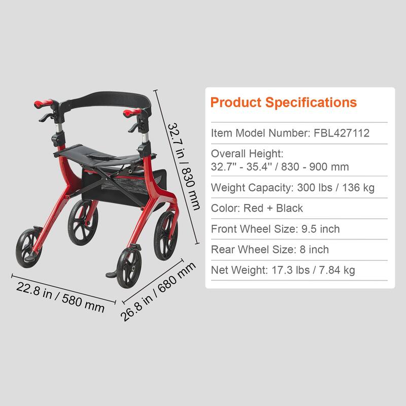 Folding Rollator Walker for Seniors and Adults, Lightweight Aluminum Rolling Walker with Seat and Adjustable Handle