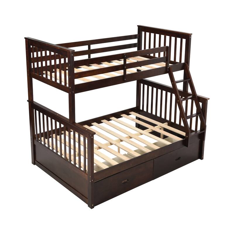 Space-Saving Twin Over Full Bunk Bed with Storage Drawers, Ladder & Safety Rails - Solid Wood