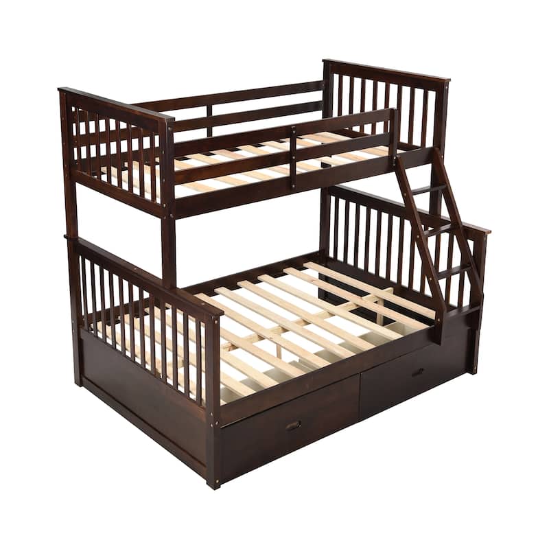 Twin over Full Solid Wood Stairway Bunk Bed with Ladder and Fence