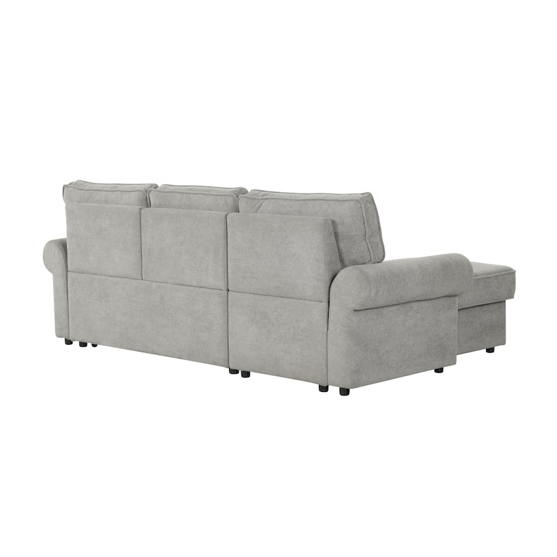 Convertible Sectional Sleeper Sofa with Storage Chaise, Pull-Down Backrest, Dual Cup Holders, Arc Armrests and Nailhead Trim