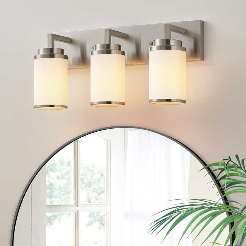 KAWOTI Frosted White Glasses Vanity Light with Metal Ring (Nickel) - 3-Light (W20.5")