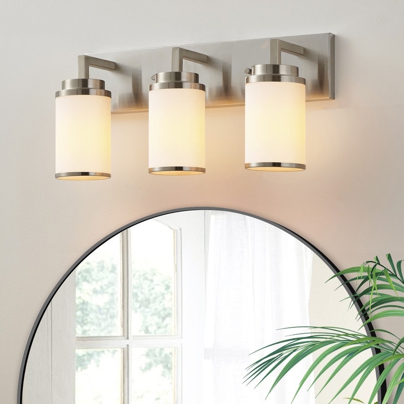 KAWOTI Frosted White Glasses Vanity Light with Metal Ring (Nickel)