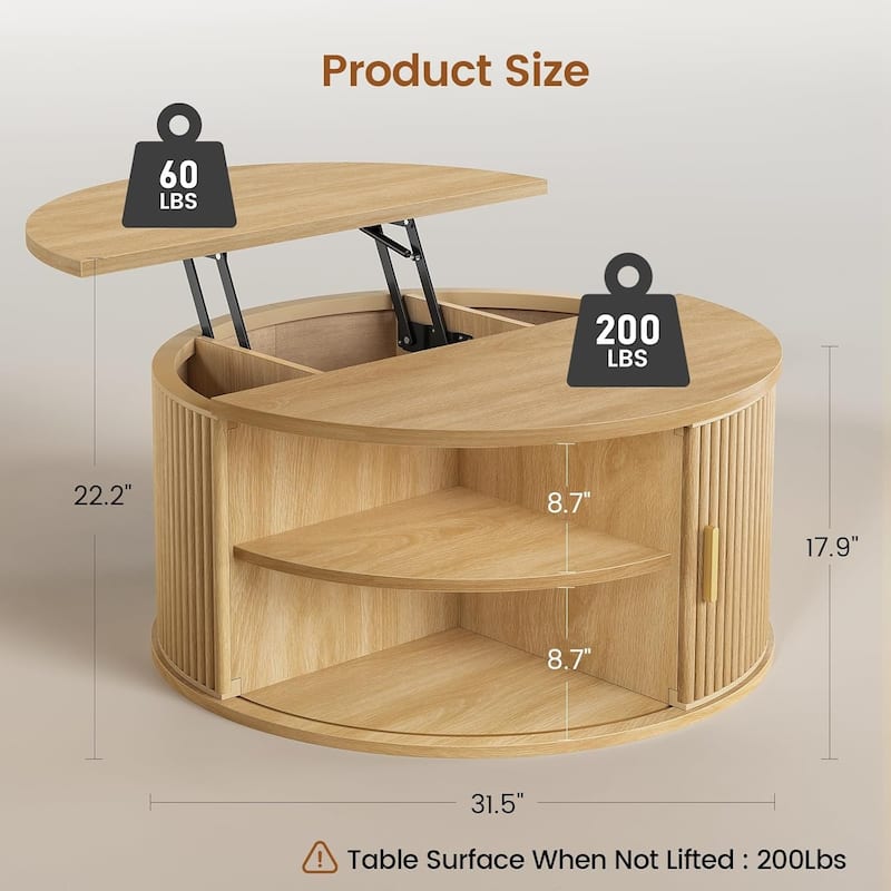 Round Lift Top Coffee Table 180 Grad Curved Sliding Door Living Room