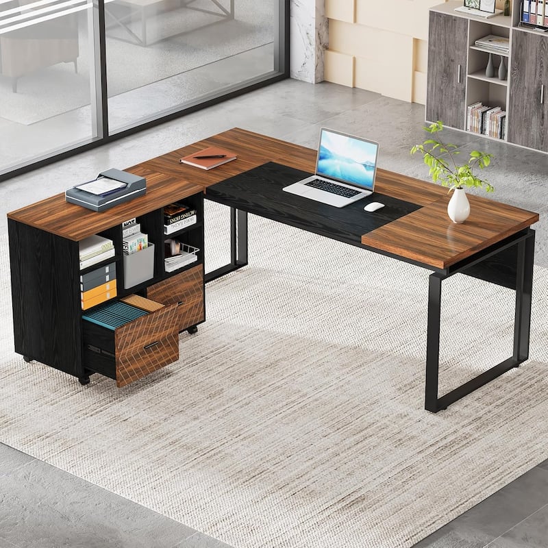 63" L-Shaped Executive Desk Reversible File Cabinet Combo, Office Computer Desk Set with Storage Drawers