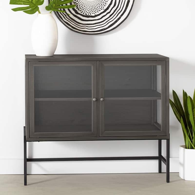 HomeRoots 36" Brown and Black Solid Wood and Metal Display Cabinet With Two Doors - Brown