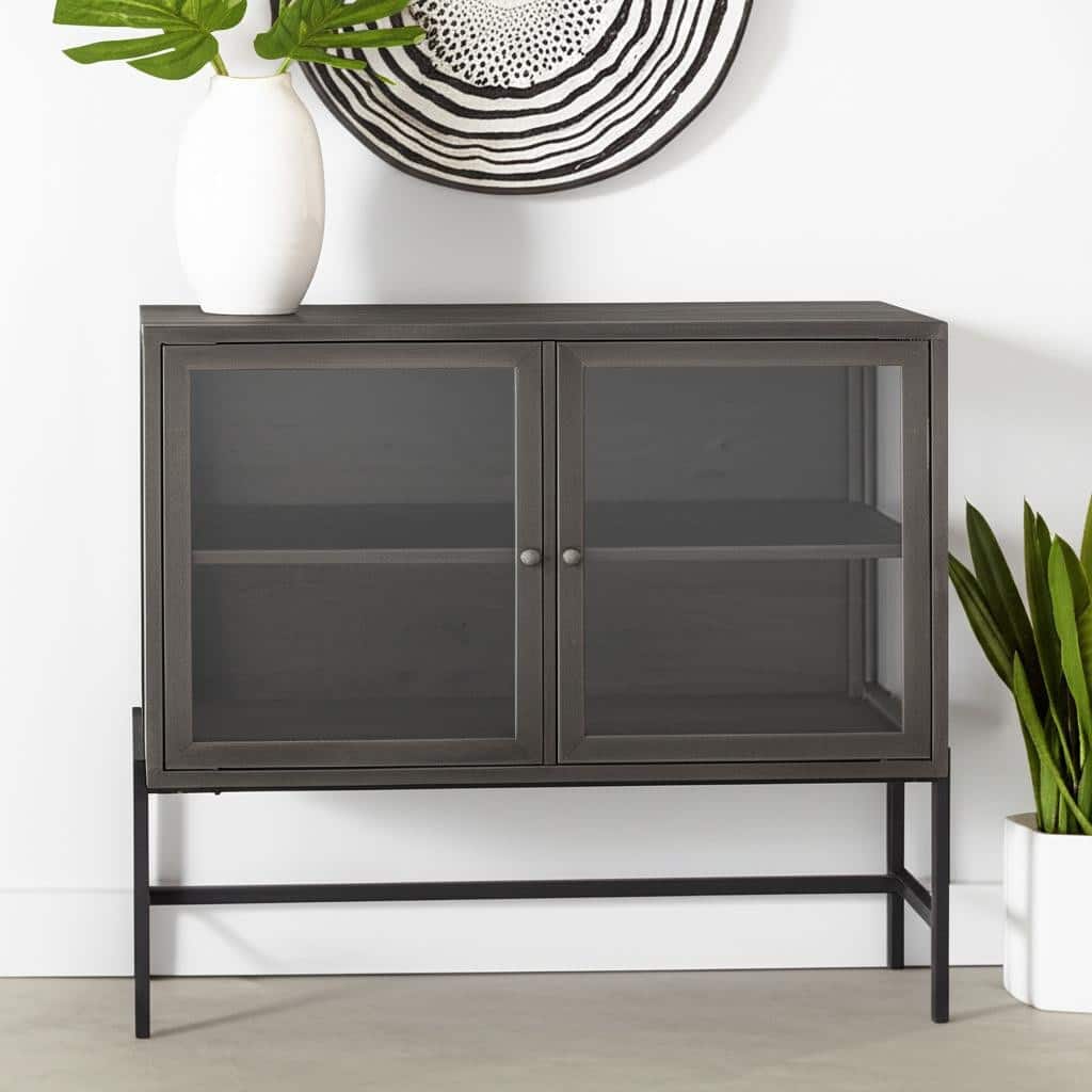 HomeRoots 36" Brown and Black Solid Wood and Metal Display Cabinet With Two Doors