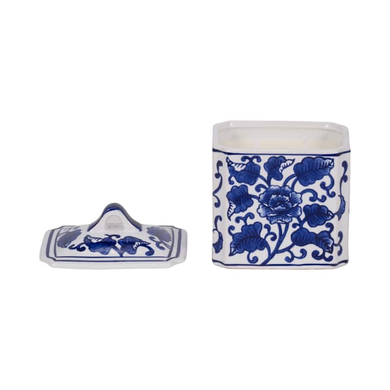 Sagebrook Home Ceramic Candle - 6" Blue/White Chinoiserie with Lid, 13 oz - 5" x 4" x 6"