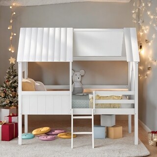 Elegant Twin Size Low Loft Wood House Bed with Two Side Windows, Superior Quality & Better Sleeping Environment, White