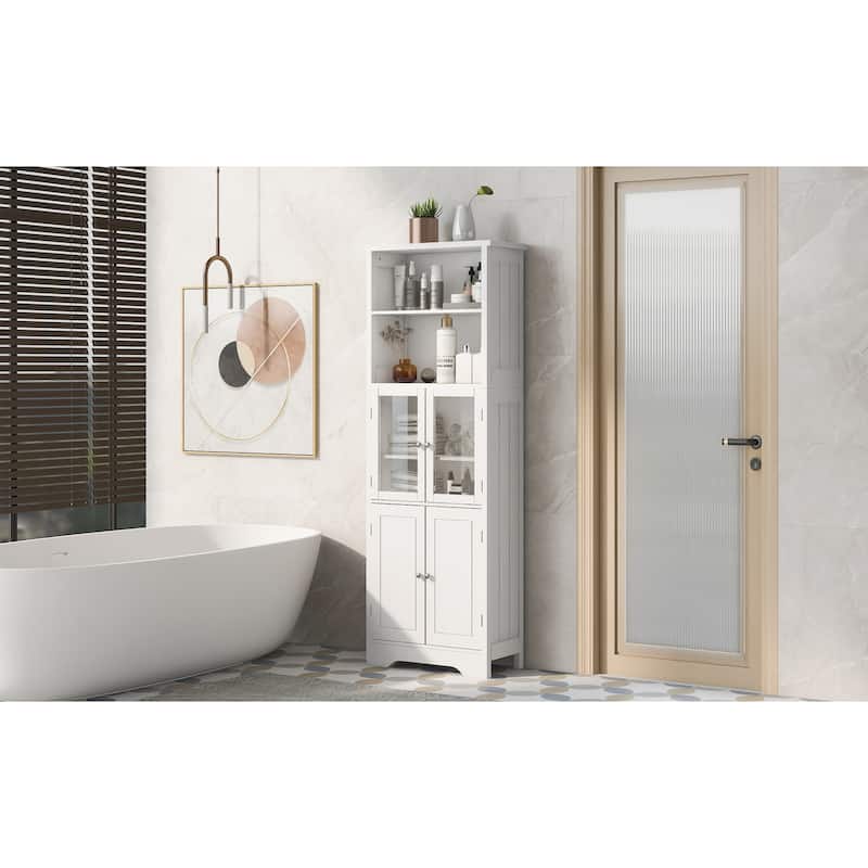 4-Door Bathroom Storage Cabinet 64" High Bathroom Floor-to-ceiling Cabinet Towel Cabinet with Open Storage Rack Glass Door