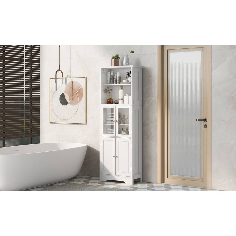 Roomfitters Tall Storage Cabinet with Shelves and Doors for Bathroom Kitchen or Living Room Freestanding MDF Unit, White