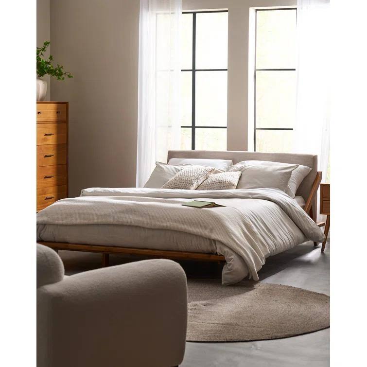 Beige+Natural Queen Size Acacia Wood Platform Bed with Plush Warm-Toned Beige Cushion